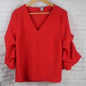 H&M RED V NECK TRENDY PUFF SLEEVE BLOUSE SIZE 8